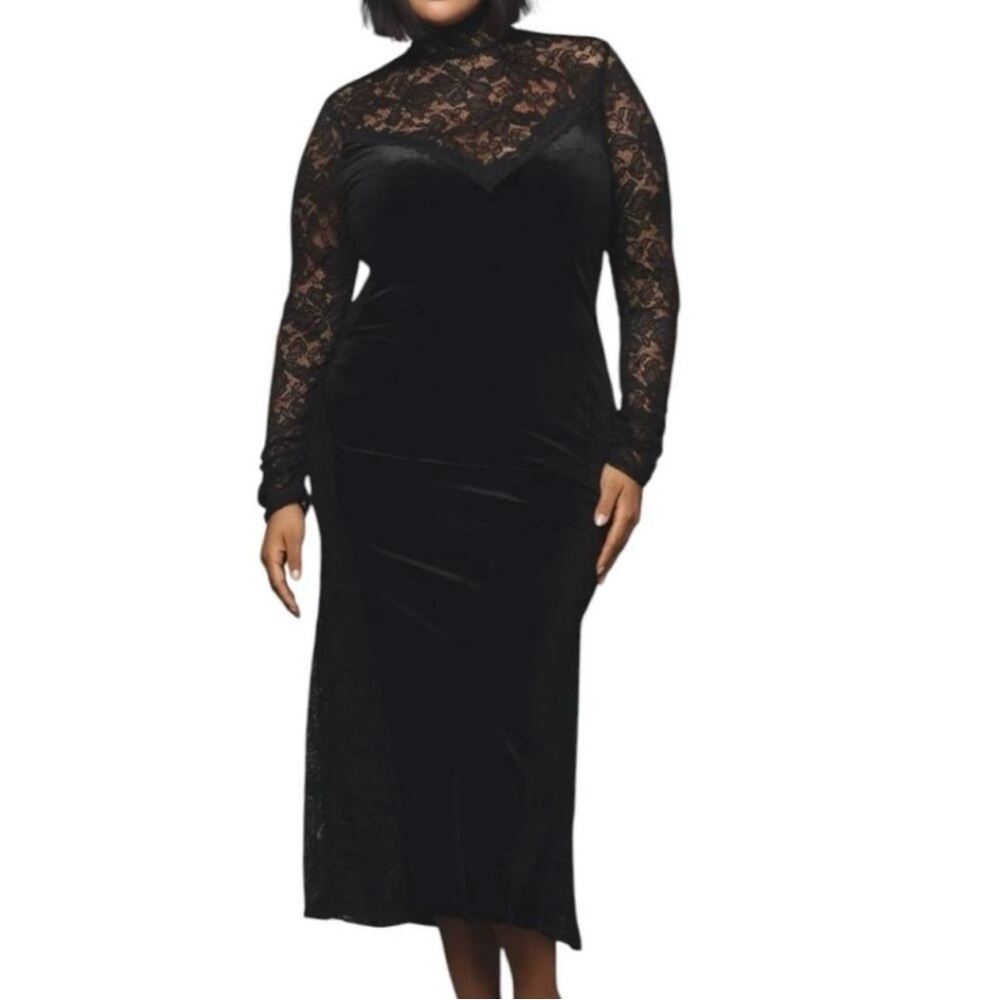 Anthropologie Womens L Long Sleeve Mock Neck Lace‎ Velvet Slip Midi Dress NWT